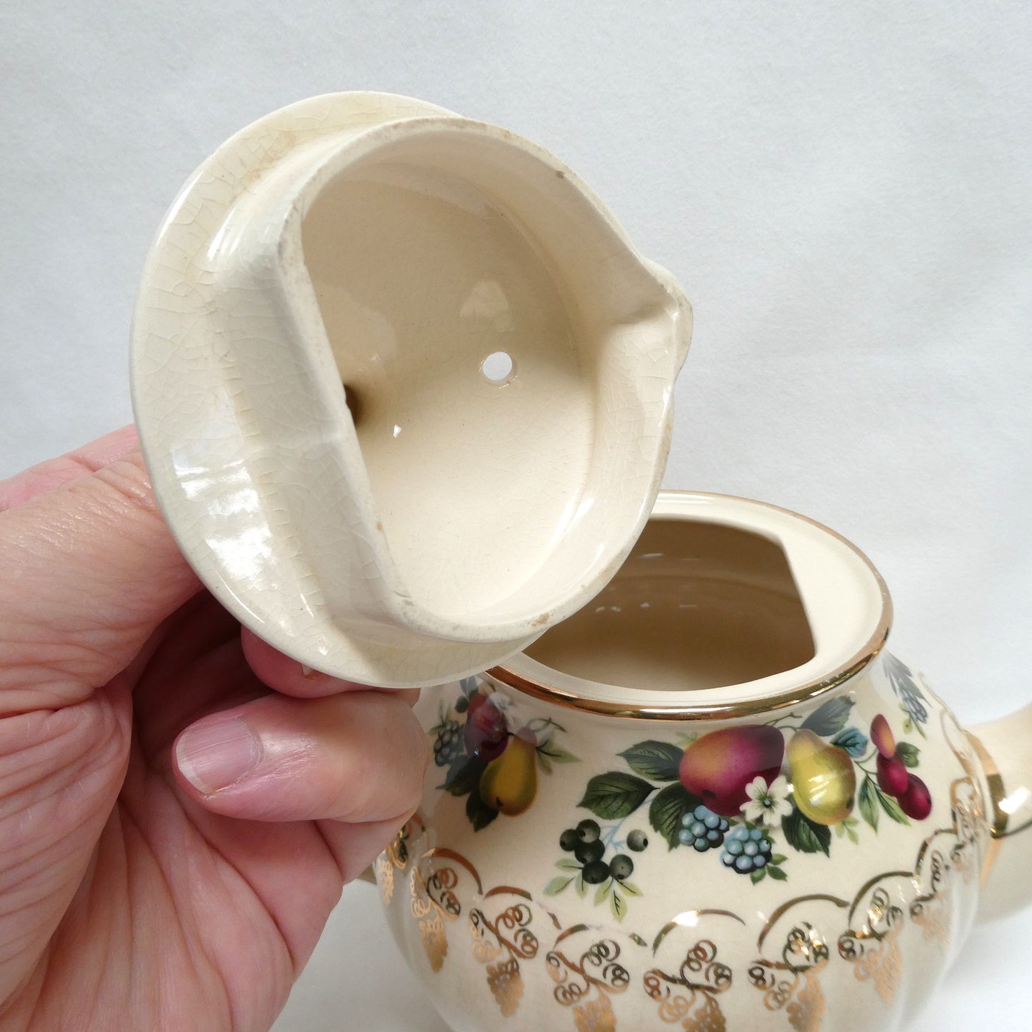 Antique 1940's ROUND TEA POT AND SUGAR BOWL; Pear and Plum Fruit Themed by Sadler of England
