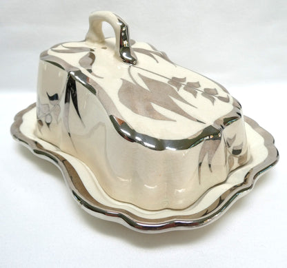 Sandland Silver Lusterware LARGE SLOPED BUTTER DISH AND FLORAL COVER #1, by Sandland Ware of England