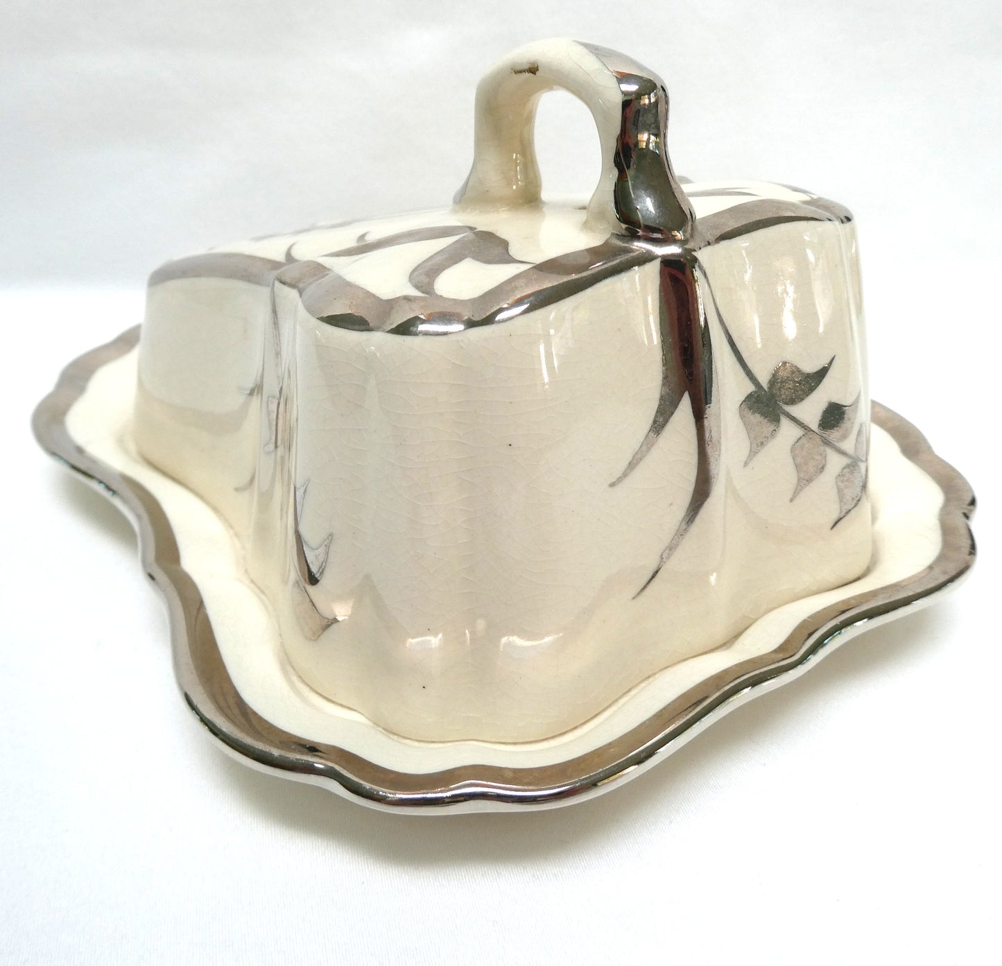 Sandland Silver Lusterware LARGE SLOPED BUTTER DISH AND FLORAL COVER #1, by Sandland Ware of England