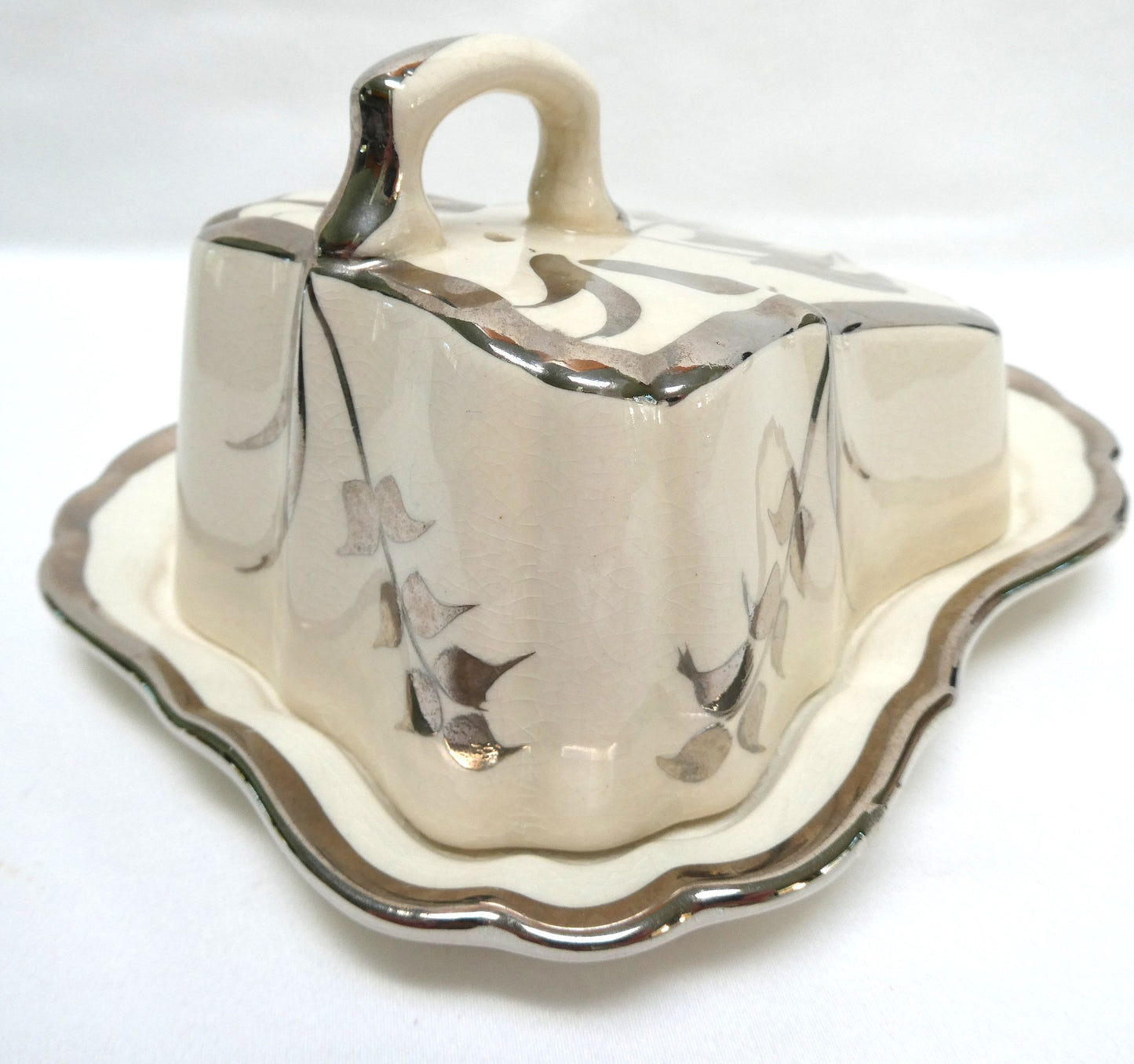 Sandland Silver Lusterware LARGE SLOPED BUTTER DISH AND FLORAL COVER #1, by Sandland Ware of England