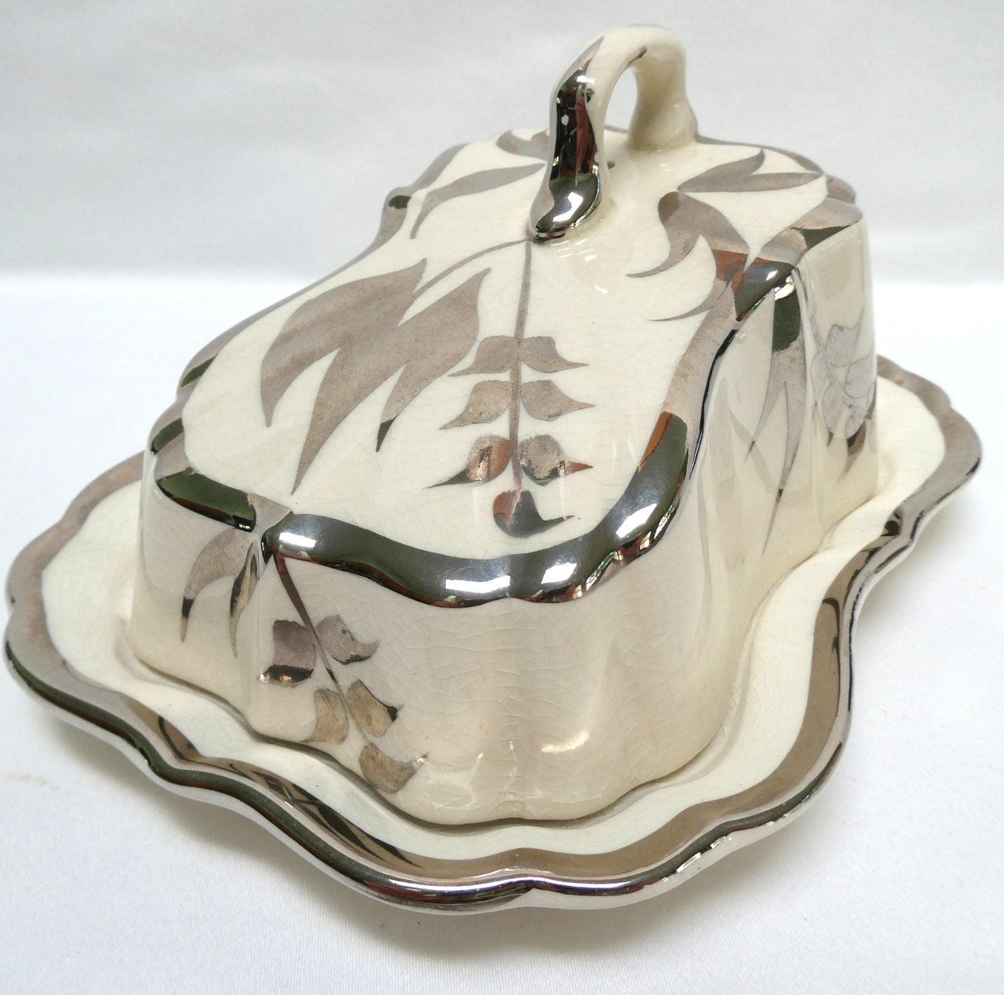 Sandland Silver Lusterware LARGE SLOPED BUTTER DISH AND FLORAL COVER #1, by Sandland Ware of England