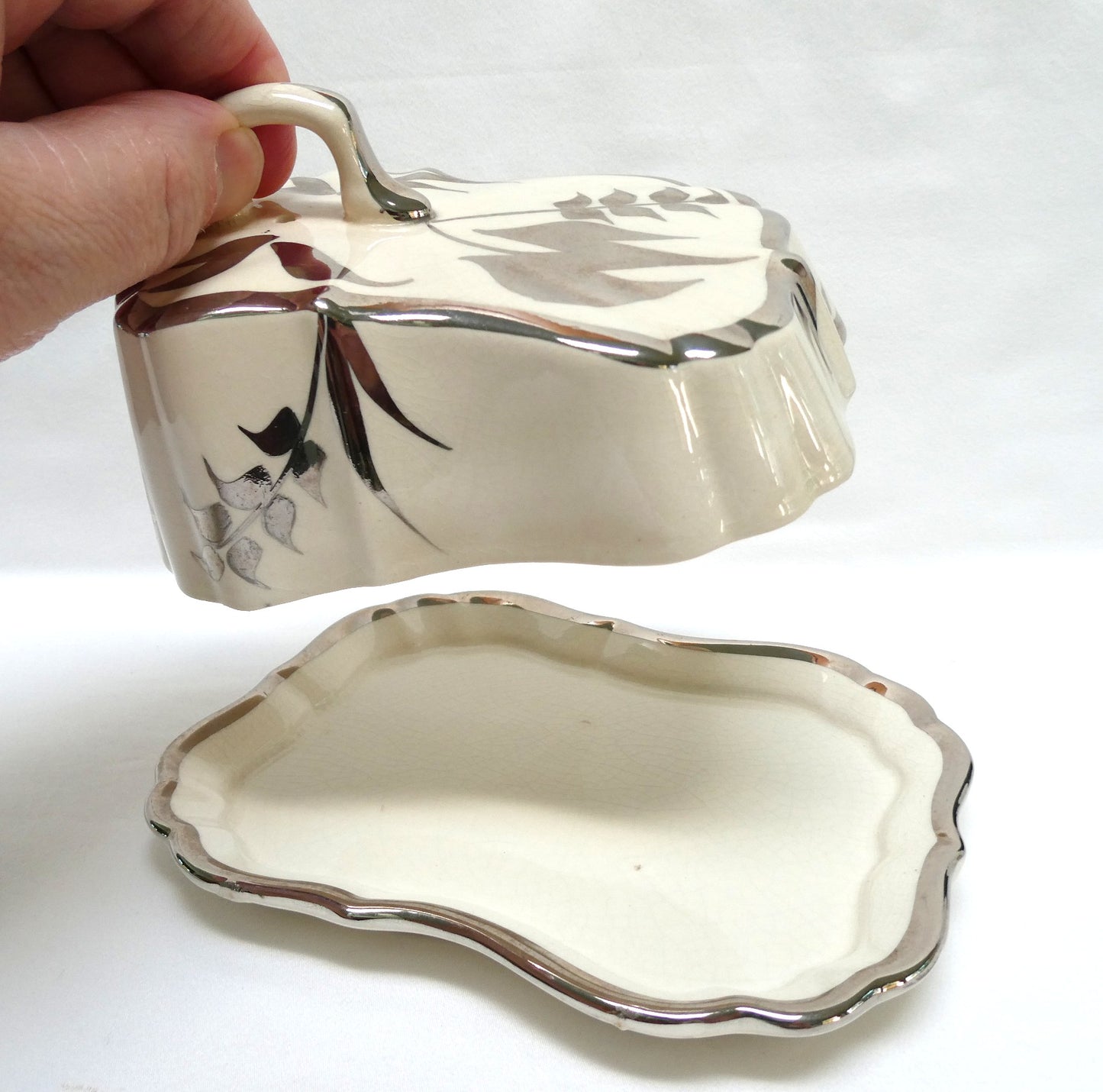 Sandland Silver Lusterware LARGE SLOPED BUTTER DISH AND FLORAL COVER #1, by Sandland Ware of England