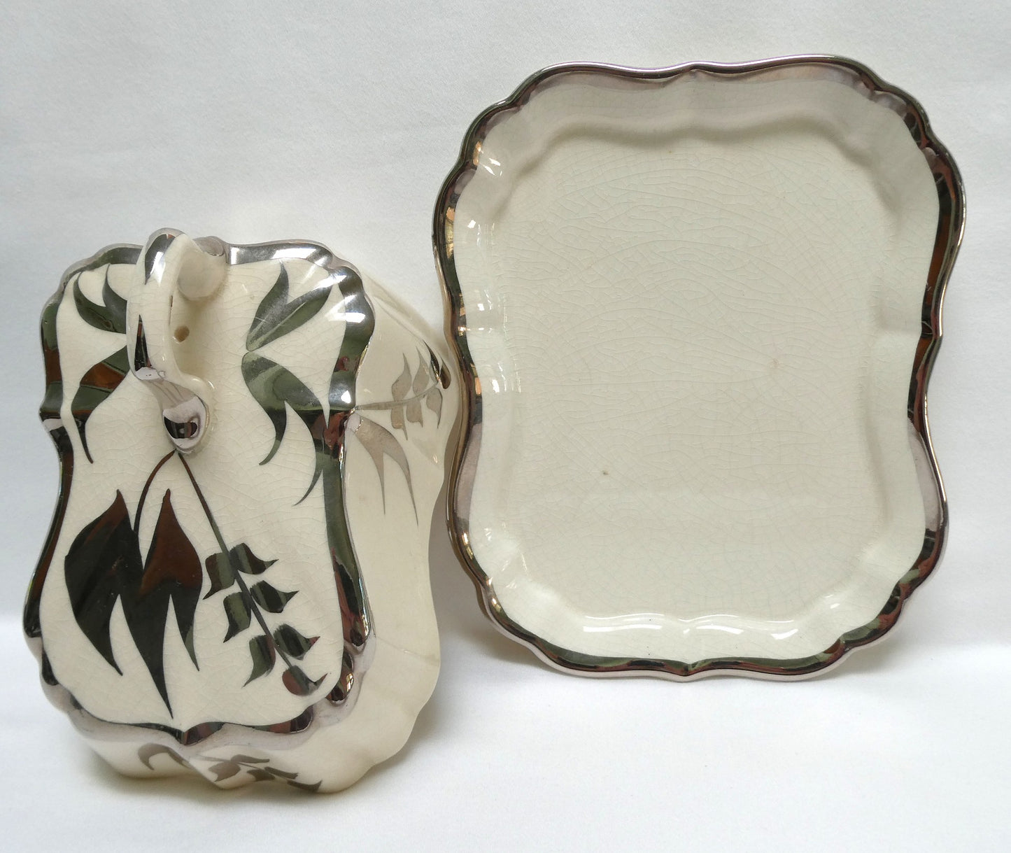 Sandland Silver Lusterware LARGE SLOPED BUTTER DISH AND FLORAL COVER #1, by Sandland Ware of England