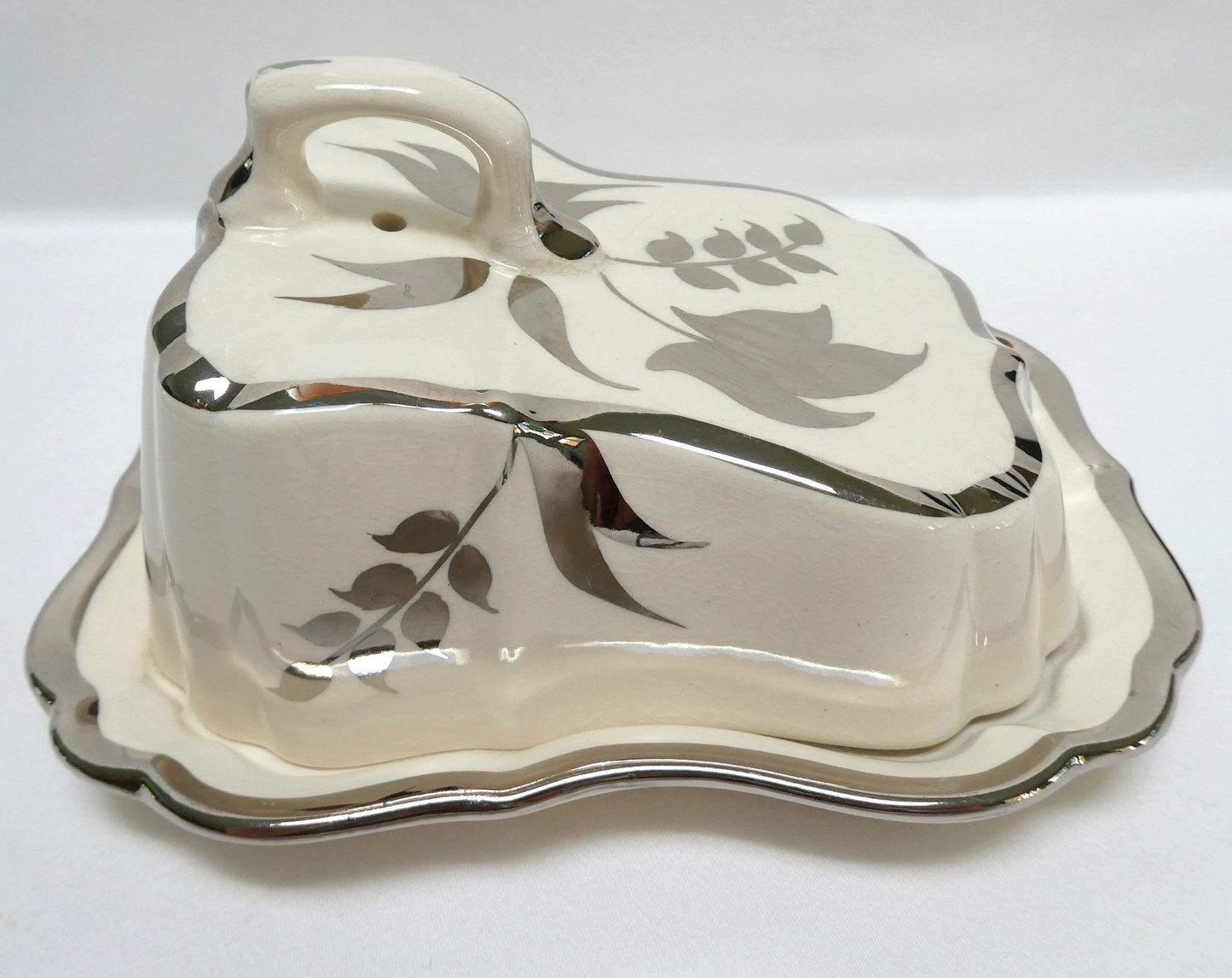 Sandland Silver Lusterware LARGE SLOPED BUTTER DISH AND FLORAL COVER #2, by Sandland Ware of England