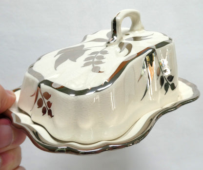 Sandland Silver Lusterware LARGE SLOPED BUTTER DISH AND FLORAL COVER #2, by Sandland Ware of England