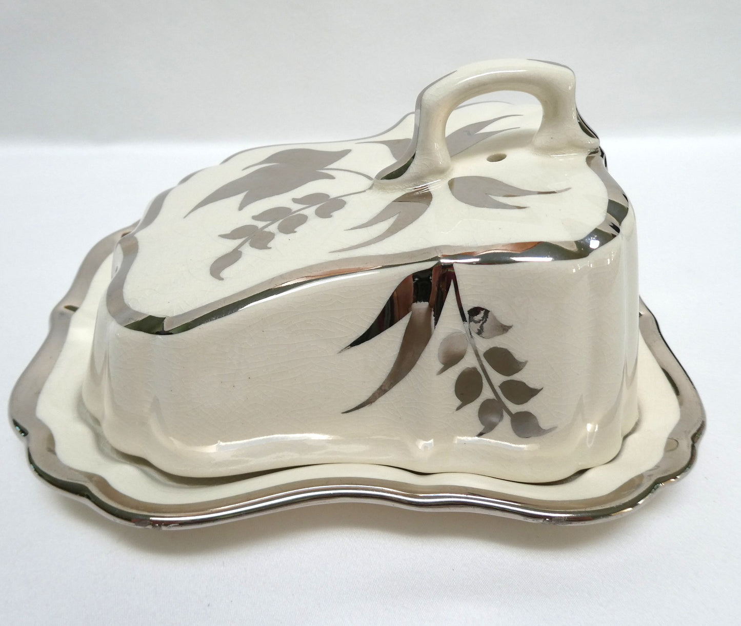 Sandland Silver Lusterware LARGE SLOPED BUTTER DISH AND FLORAL COVER #2, by Sandland Ware of England