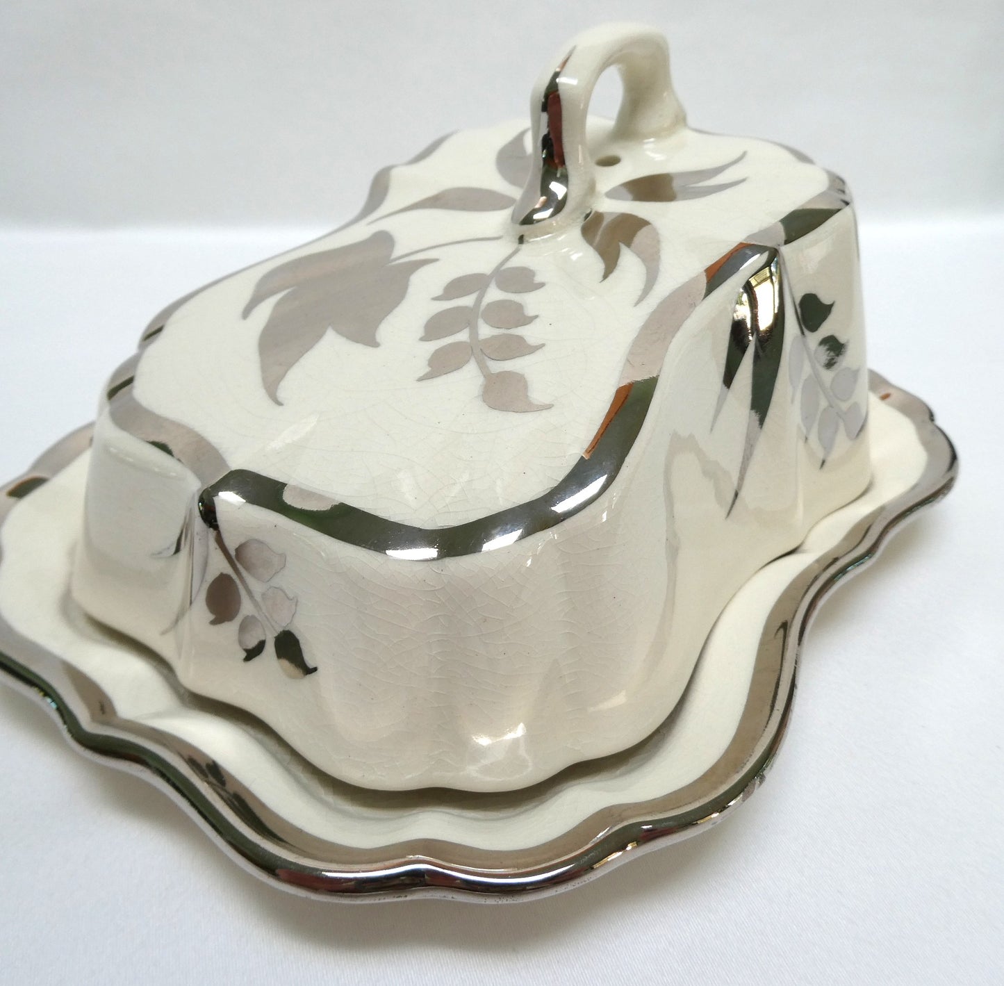 Sandland Silver Lusterware LARGE SLOPED BUTTER DISH AND FLORAL COVER #2, by Sandland Ware of England