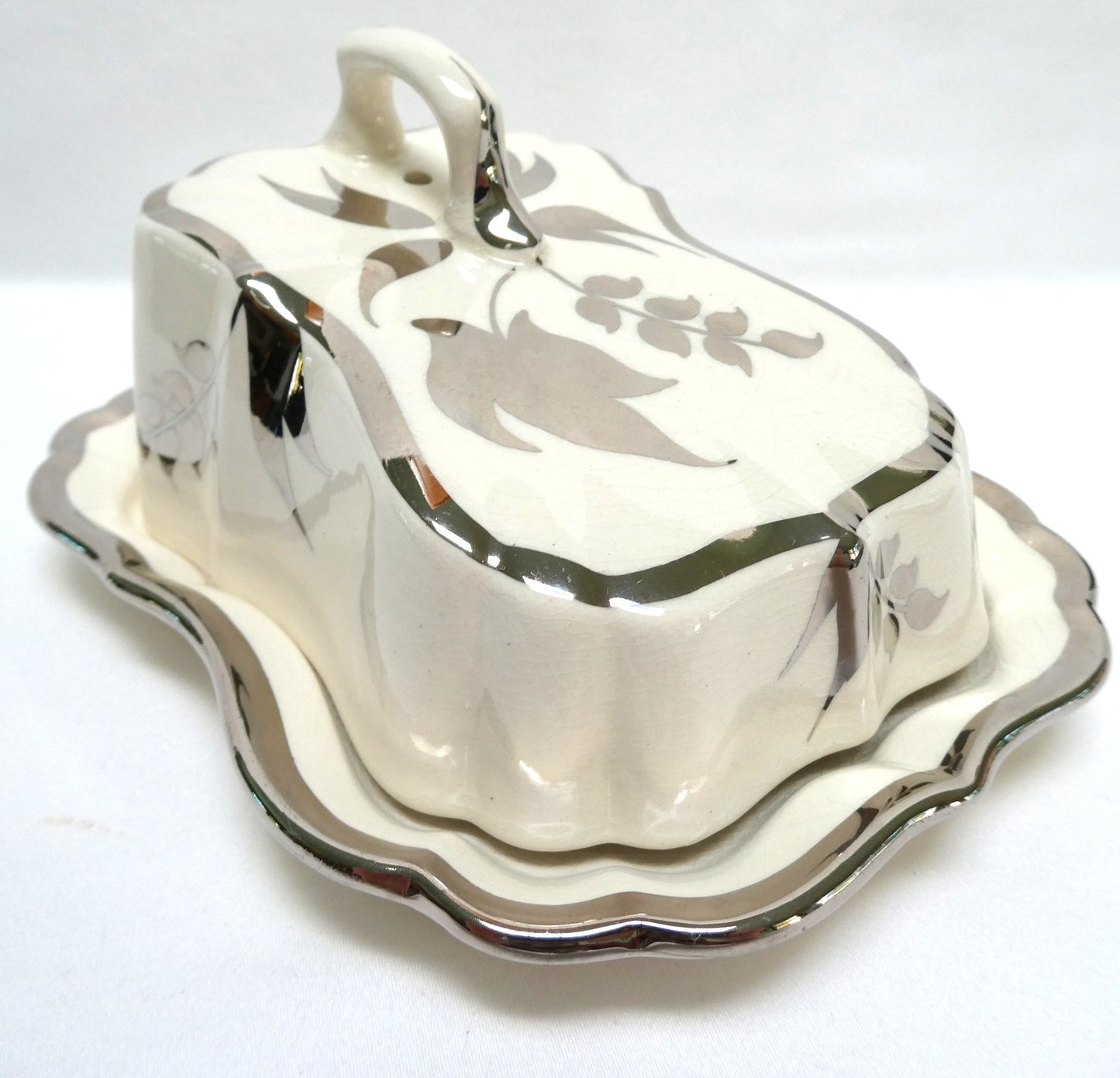 Sandland Silver Lusterware LARGE SLOPED BUTTER DISH AND FLORAL COVER #2, by Sandland Ware of England