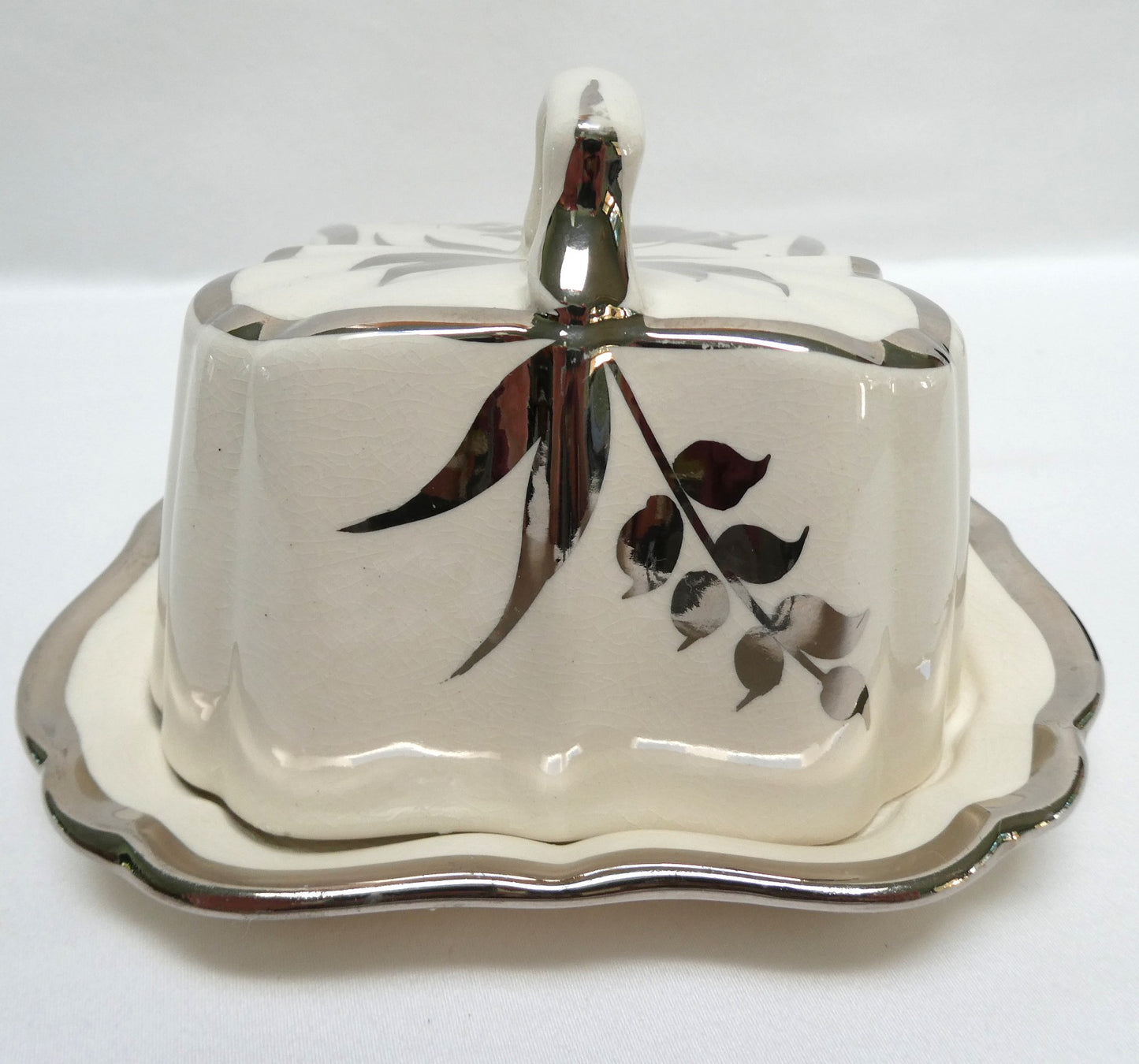 Sandland Silver Lusterware LARGE SLOPED BUTTER DISH AND FLORAL COVER #2, by Sandland Ware of England