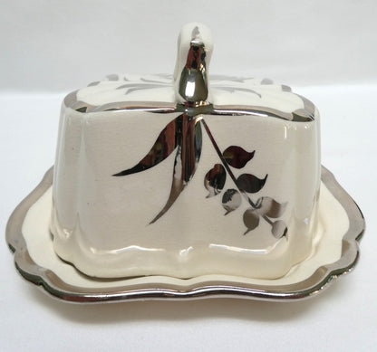 Sandland Silver Lusterware LARGE SLOPED BUTTER DISH AND FLORAL COVER #2, by Sandland Ware of England