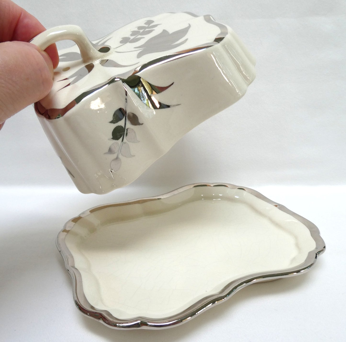 Sandland Silver Lusterware LARGE SLOPED BUTTER DISH AND FLORAL COVER #2, by Sandland Ware of England