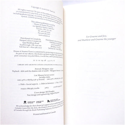 PAYBACK, Debt and the Shadow Side of Wealth, A CBC Massey Lecture by Margaret Atwood, (2008 1st Ed.)