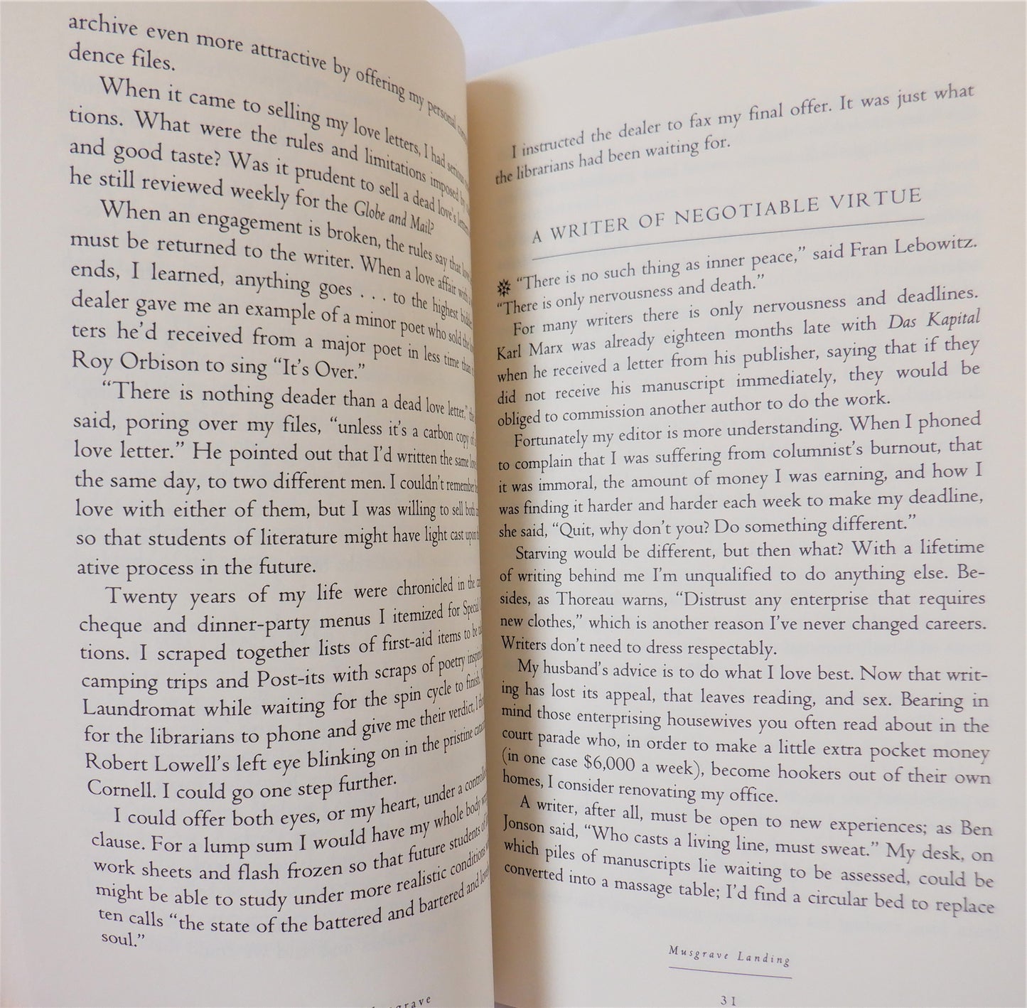 MUSGRAVE LANDING, Musings on the Writing Life, by Susan Musgrave (1994 1st Ed.)