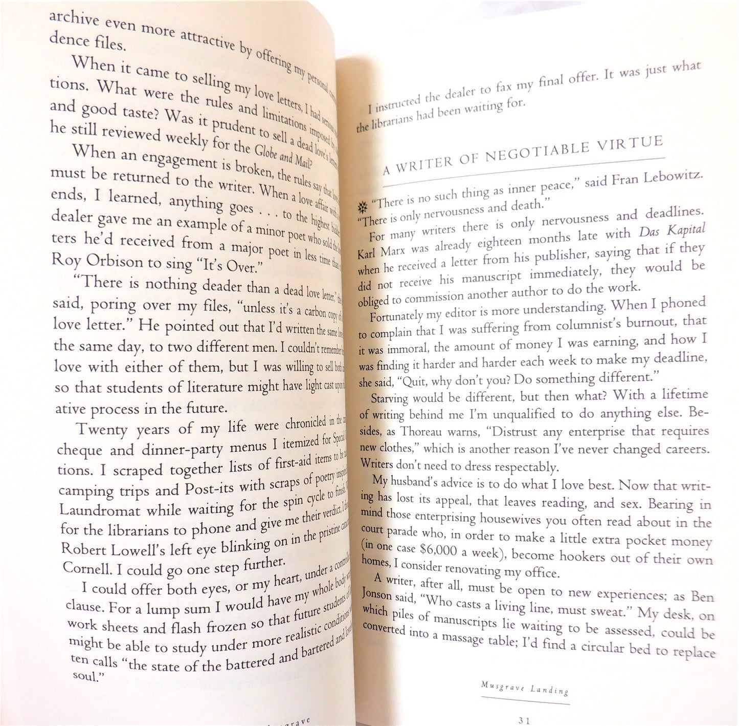 MUSGRAVE LANDING, Musings on the Writing Life, by Susan Musgrave (1st Ed. SIGNED)