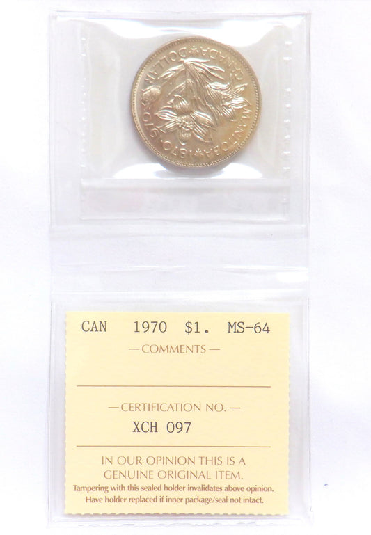 1970 Canadian $1 Coin, MS-64 Graded by ICCS, Celebrating Manitoba Centennial 1870-1970