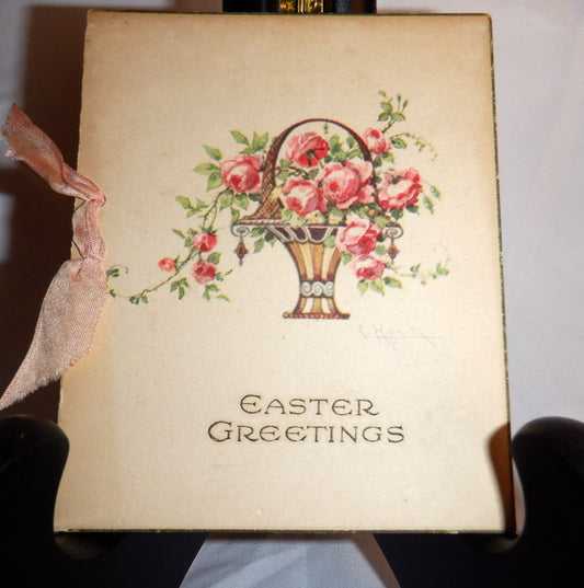 ANTIQUE EASTER GREETING CARD: Featuring a delightful rose basket with a pink ribbon, 1910's