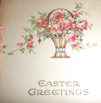 ANTIQUE EASTER GREETING CARD: Featuring a delightful rose basket with a pink ribbon, 1910's