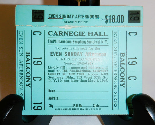 ANTIQUE NEW YORK CITY CONCERT TICKET: Carnegie Hall Philharmonic Symphony of New York, Concert Ticket for the 1946-1947 Season!