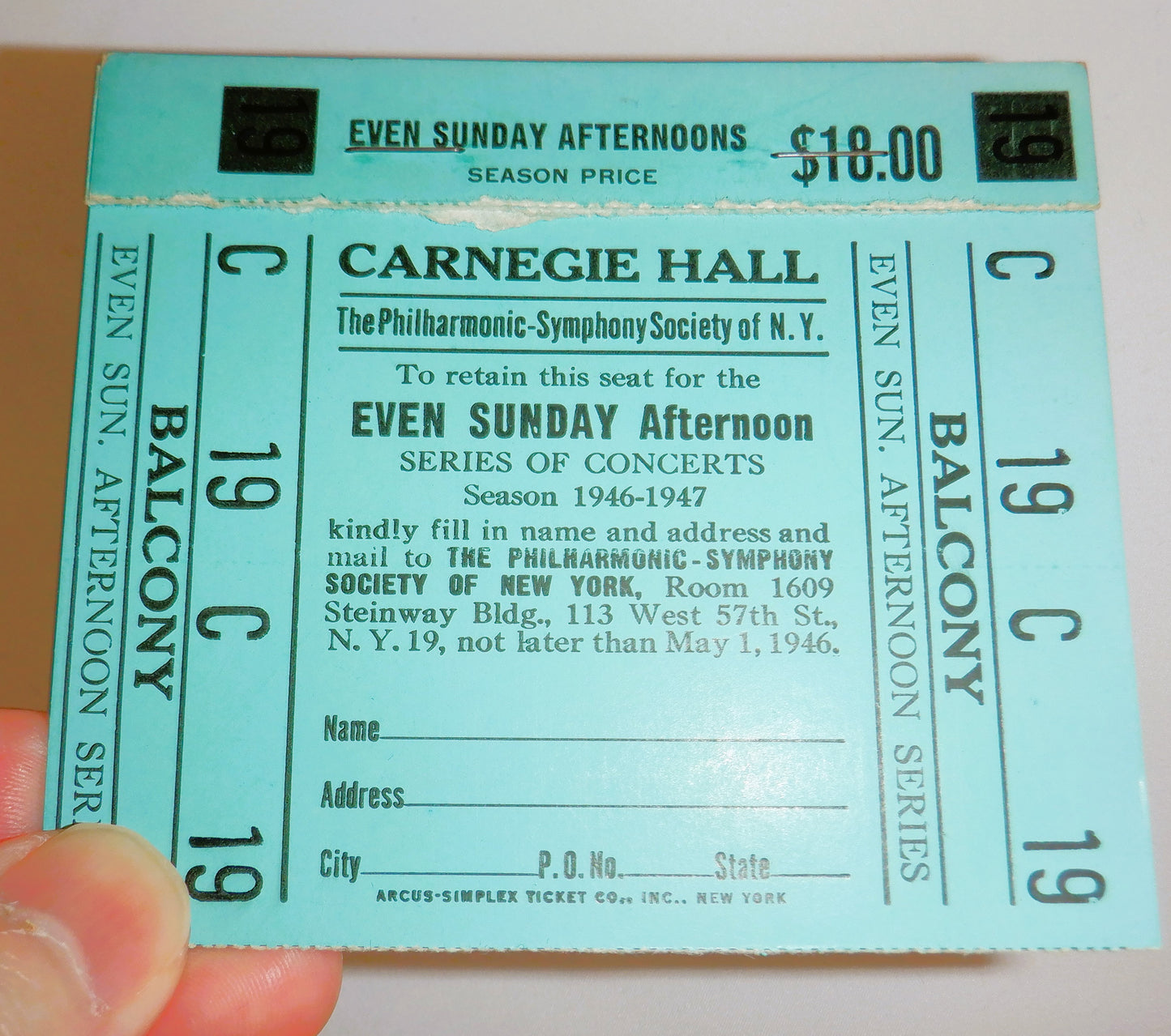 ANTIQUE NEW YORK CITY CONCERT TICKET: Carnegie Hall Philharmonic Symphony of New York, Concert Ticket for the 1946-1947 Season!