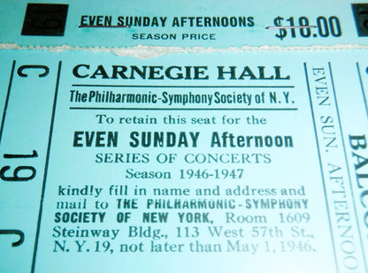 ANTIQUE NEW YORK CITY CONCERT TICKET: Carnegie Hall Philharmonic Symphony of New York, Concert Ticket for the 1946-1947 Season!