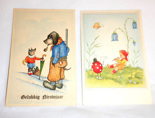 POSTCARD, Set of 2, Vintage Colour Illustrations of a Fox, Dog, Beetle and Boy from BELGIUM