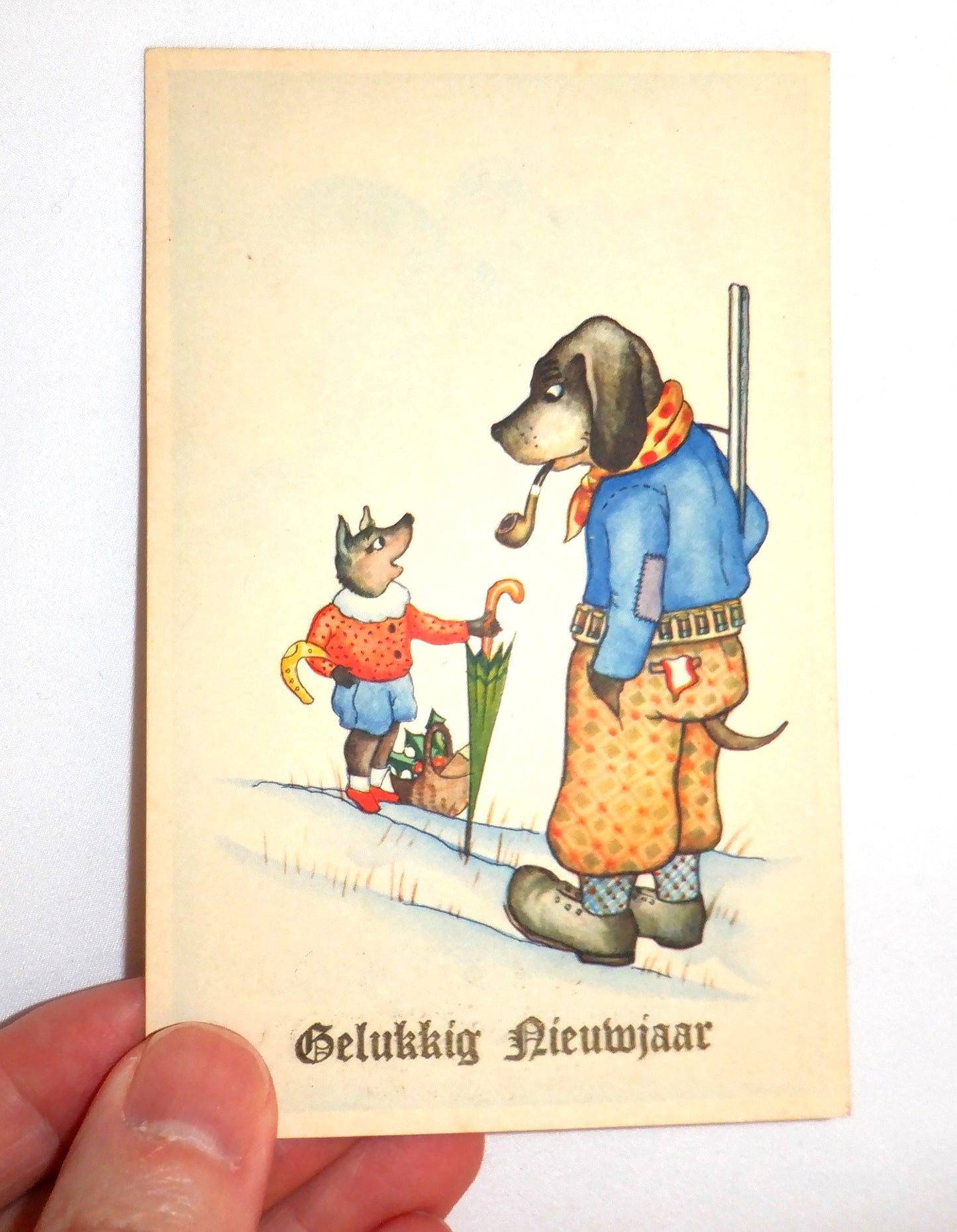 POSTCARD, Set of 2, Vintage Colour Illustrations of a Fox, Dog, Beetle and Boy from BELGIUM