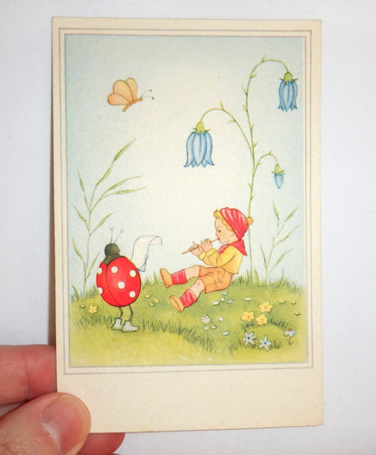 POSTCARD, Set of 2, Vintage Colour Illustrations of a Fox, Dog, Beetle and Boy from BELGIUM