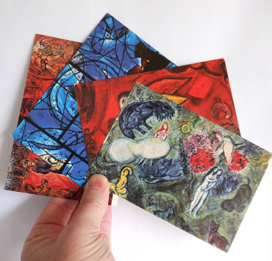 POSTCARD, Set of 4, Stunning Vibrant Paintings by MARC CHAGALL from FRANCE