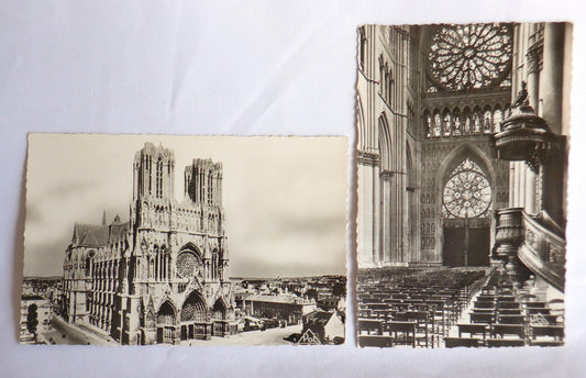 POSTCARD, Set of 2, Vintage Interior and Exterior Postcard Vies of the Reims Cathedral, FRANCE