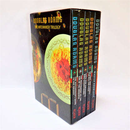 THE HITCHHIKER TRILOGY, The 2002 Picador UK Boxed Set of FIVE SOFTCOVER Books, by Douglas Adams