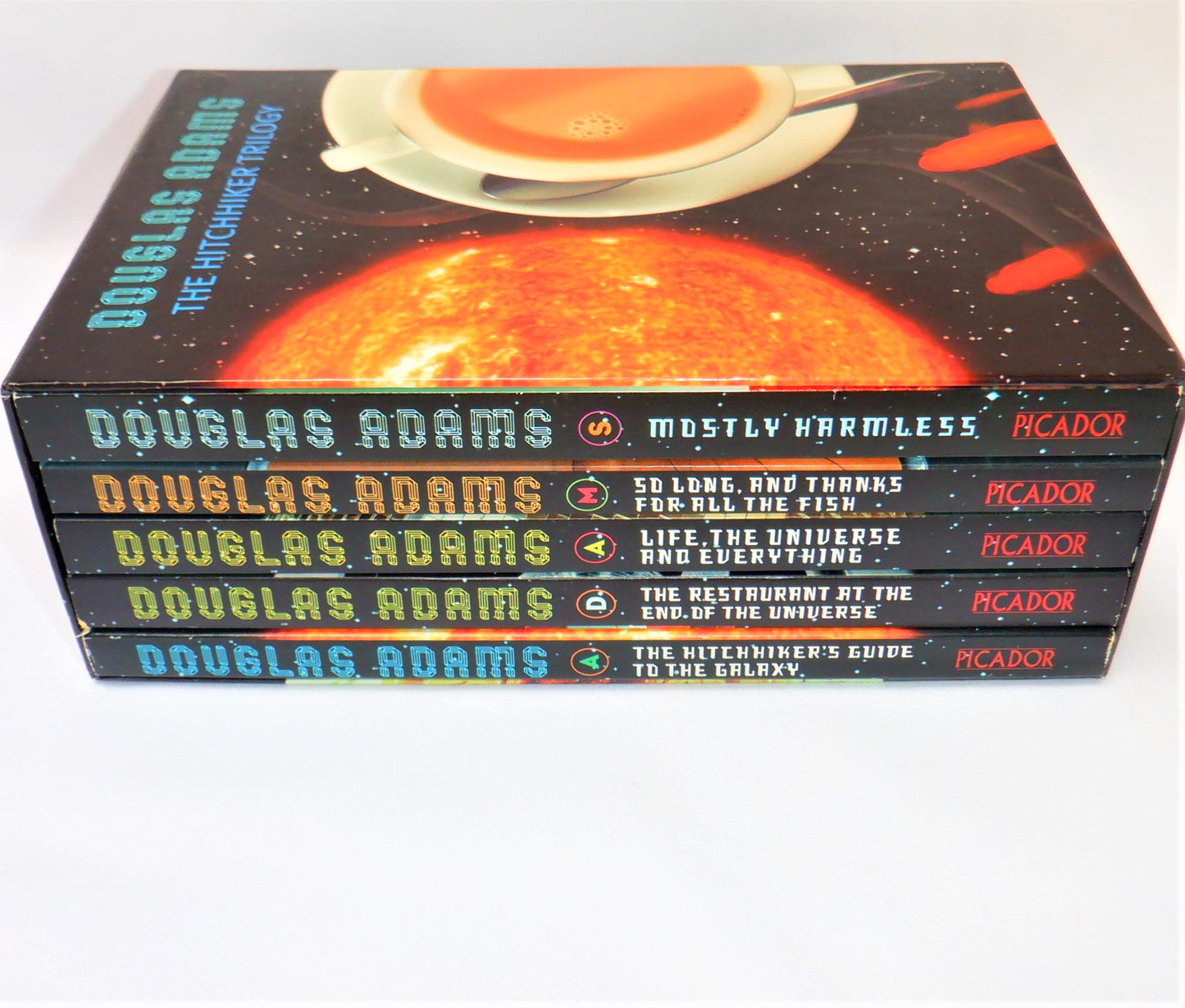 THE HITCHHIKER TRILOGY, The 2002 Picador UK Boxed Set of FIVE SOFTCOVER Books, by Douglas Adams