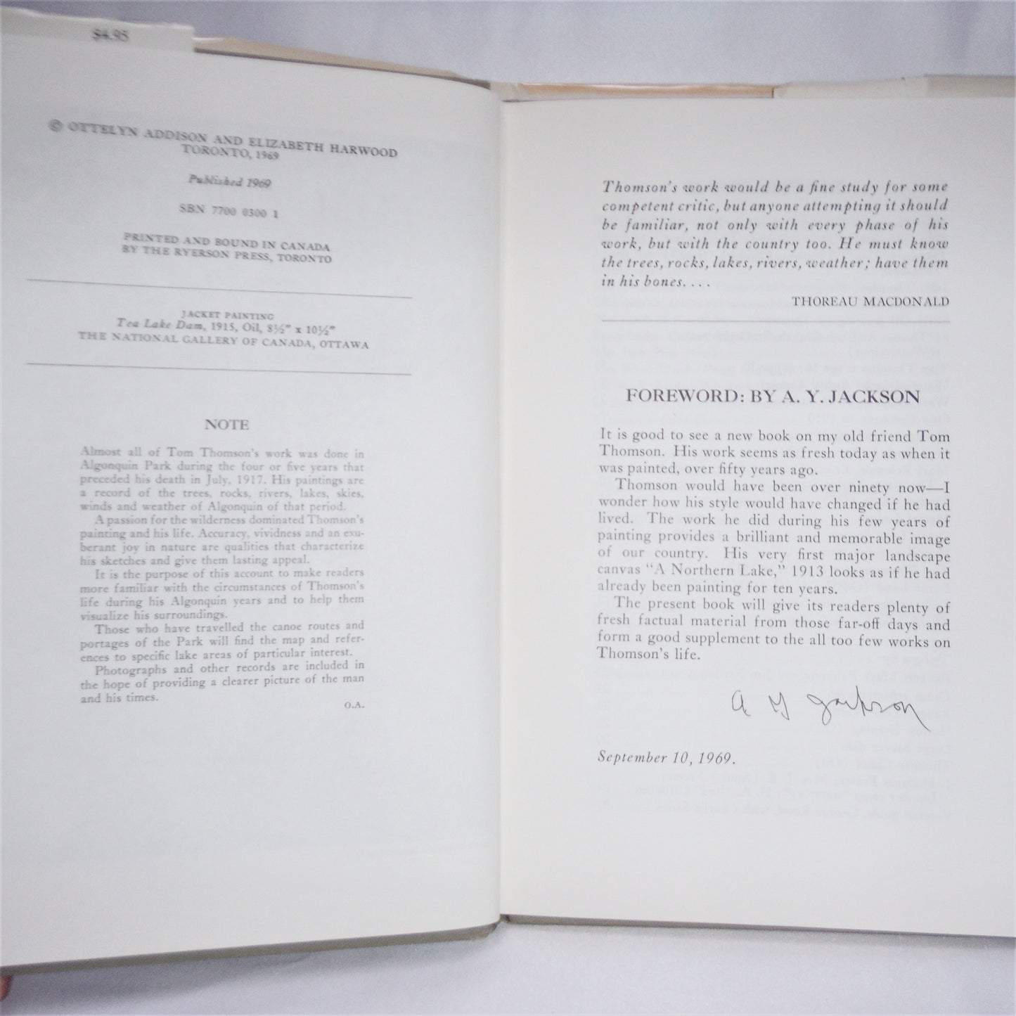 TOM THOMSON, THE ALGONQUIN YEARS, by Ottelyn Addison & Elizabeth Harwood (1969 1st Ed.)