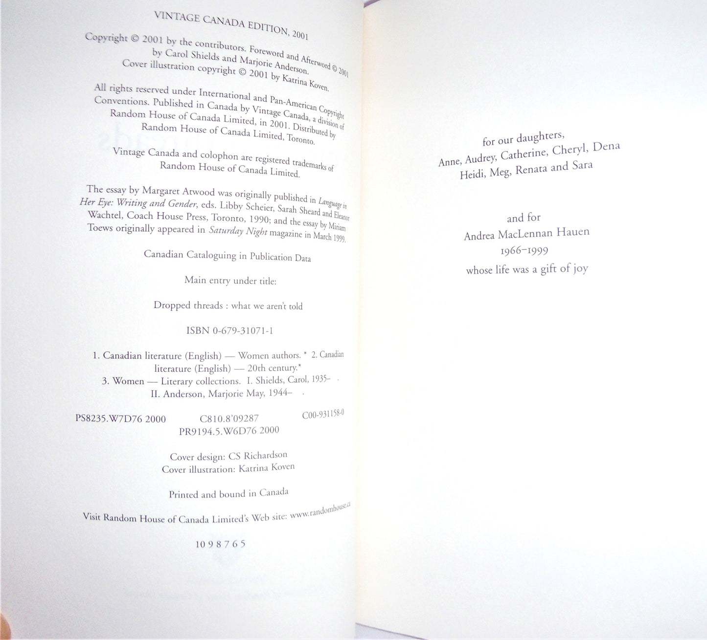 DROPPED THREADS…What We Aren't Told, Canadian Short Stories Edited by Carol Shields & Marjorie Anderson  (2001 1st Ed.)