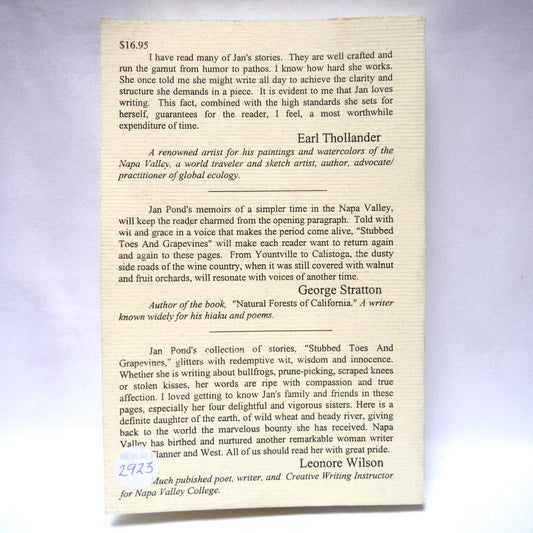 STUBBED TOES AND GRAPEVINES, A Collection of Short Stories, by Janice E. Pond (1996 1st Ed.)