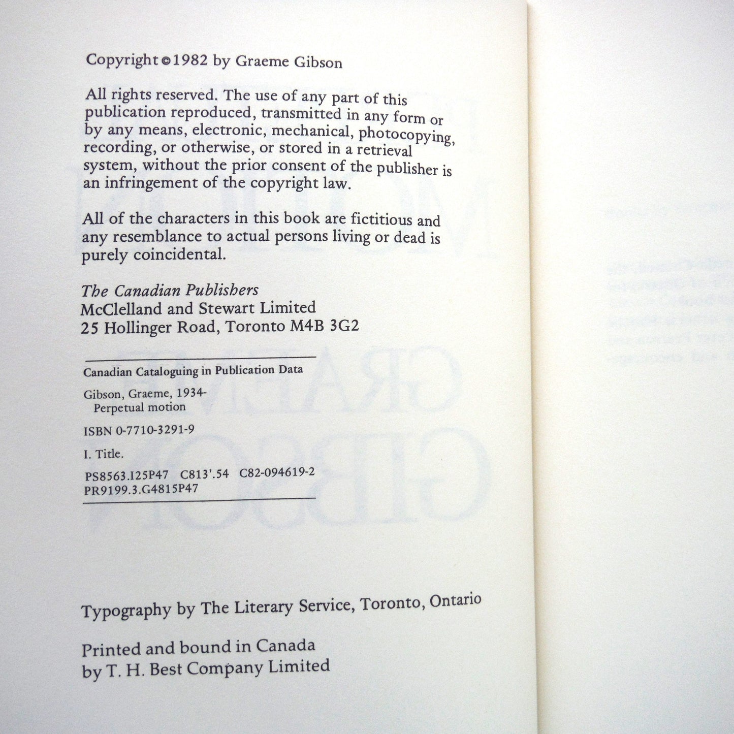 PERPETUAL MOTION, A Novel by Graeme Gibson (1982 1st Ed.)