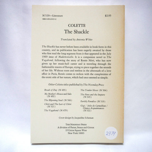THE SHACKLE, by Colette, Translated by Antonia White (1976 1st Ed.)