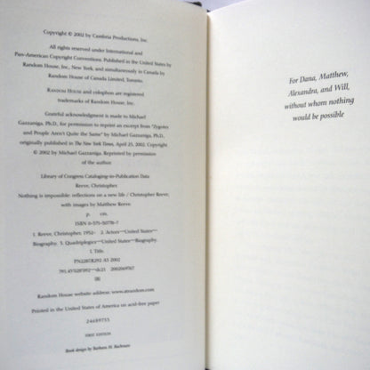 NOTHING IS IMPOSSIBLE, Reflections on a New Life, by Christopher Reeve (2002 1st Ed.)