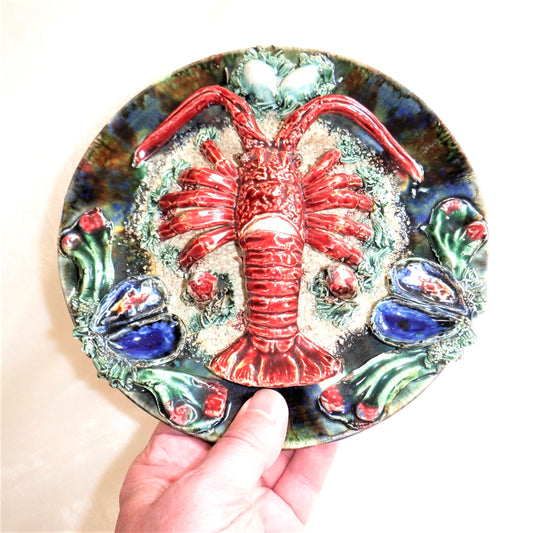 Vintage RARE 1950’s MAJOLICA 12-inch LOBSTER Wall Plate, by Famous Artist ALVARO JOSE of Caldas Da Rainha, Portugal.