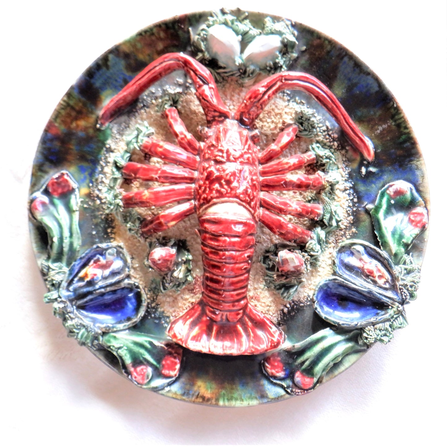 Vintage RARE 1950’s MAJOLICA 12-inch LOBSTER Wall Plate, by Famous Artist ALVARO JOSE of Caldas Da Rainha, Portugal.