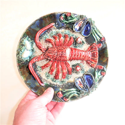 Vintage RARE 1950’s MAJOLICA 12-inch LOBSTER Wall Plate, by Famous Artist ALVARO JOSE of Caldas Da Rainha, Portugal.