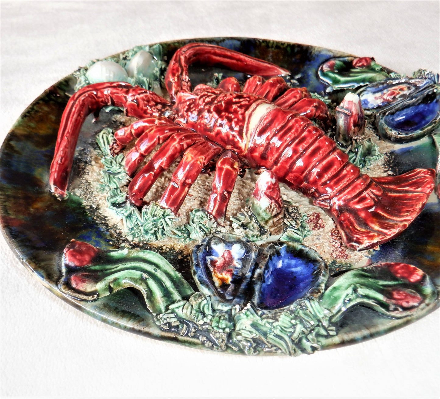 Vintage RARE 1950’s MAJOLICA 12-inch LOBSTER Wall Plate, by Famous Artist ALVARO JOSE of Caldas Da Rainha, Portugal.