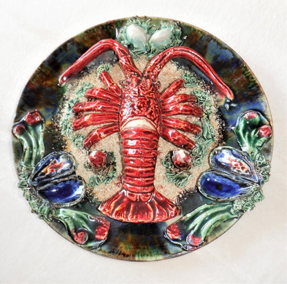 Vintage RARE 1950’s MAJOLICA 12-inch LOBSTER Wall Plate, by Famous Artist ALVARO JOSE of Caldas Da Rainha, Portugal.