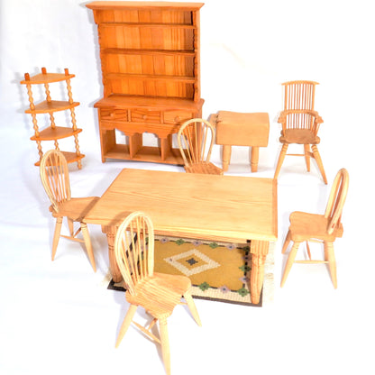 11-Pc Country Kitchen Pine Doll House Miniature Furniture Set, CANADIAN HAND-MADE & ARTIST SIGNED 1970's