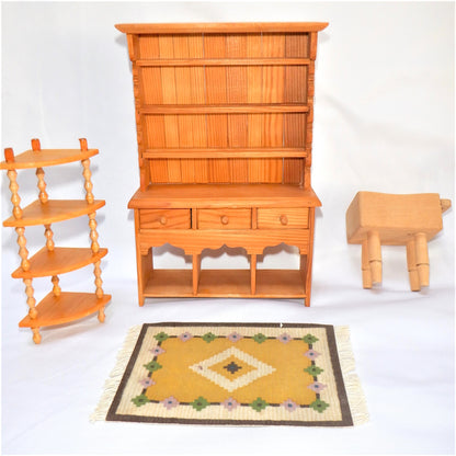 11-Pc Country Kitchen Pine Doll House Miniature Furniture Set, CANADIAN HAND-MADE & ARTIST SIGNED 1970's