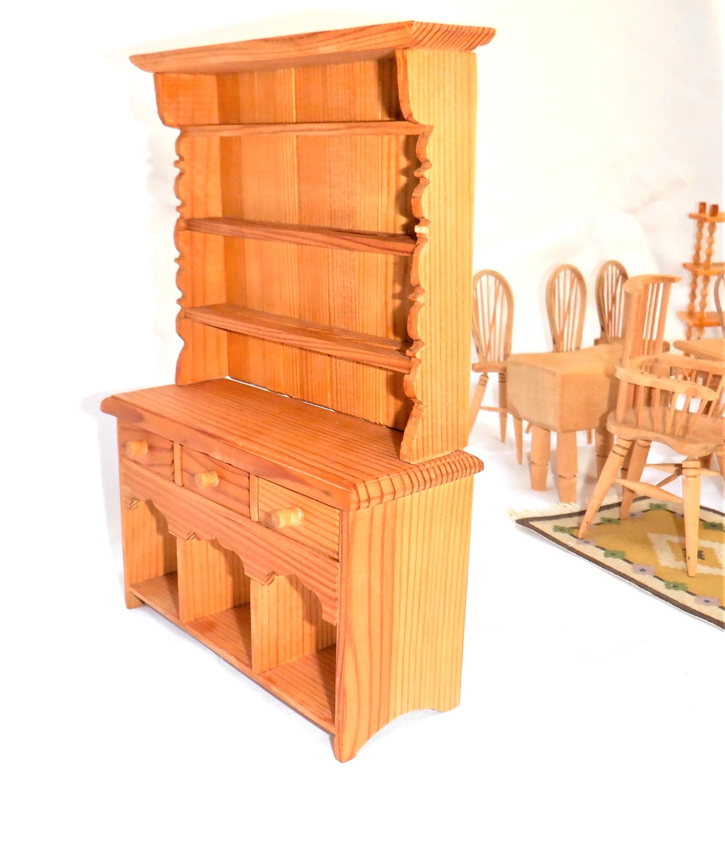 11-Pc Country Kitchen Pine Doll House Miniature Furniture Set, CANADIAN HAND-MADE & ARTIST SIGNED 1970's