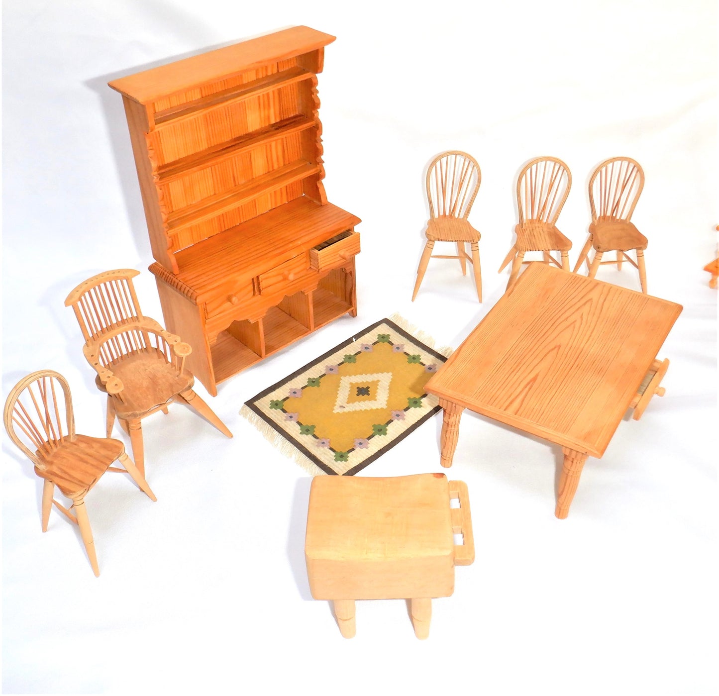 11-Pc Country Kitchen Pine Doll House Miniature Furniture Set, CANADIAN HAND-MADE & ARTIST SIGNED 1970's