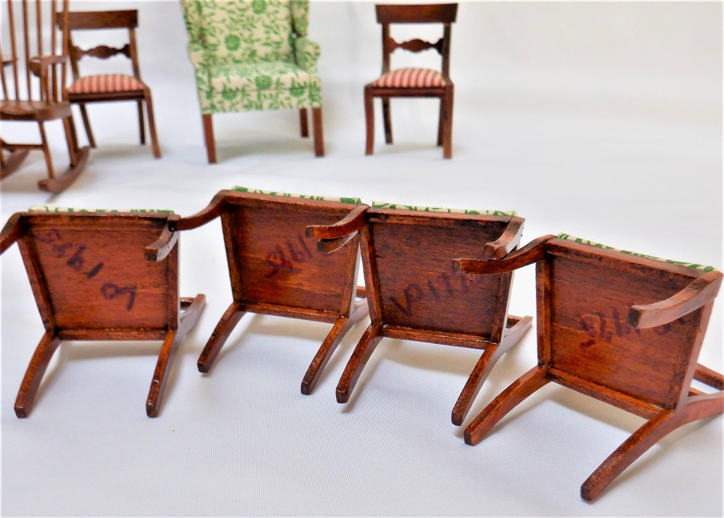 11-pc Fine Dining Mahogony Doll House Miniature Furniture Set, CANADIAN HAND-MADE & ARTIST SIGNED 1970's