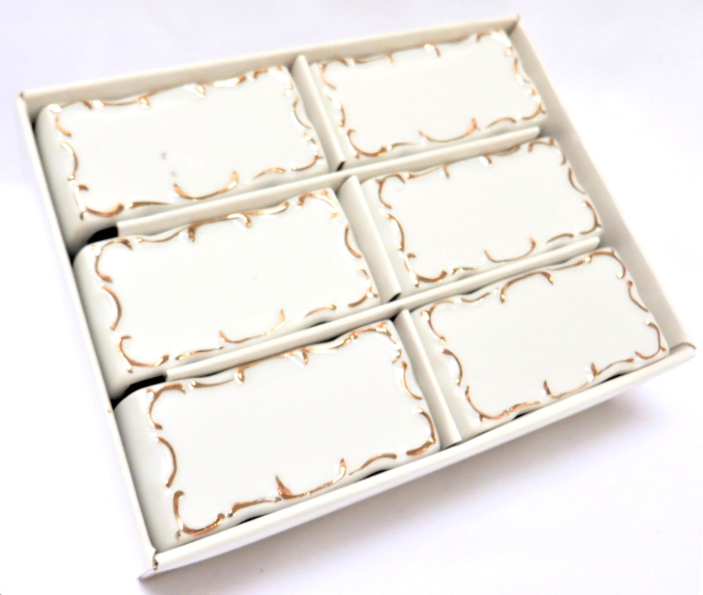 REVLON Vintage Cream-White Gold-Bordered FESTIVE NAPKIN RINGS Set of 6, in Original Box 1960's