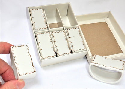 REVLON Vintage Cream-White Gold-Bordered FESTIVE NAPKIN RINGS Set of 6, in Original Box 1960's