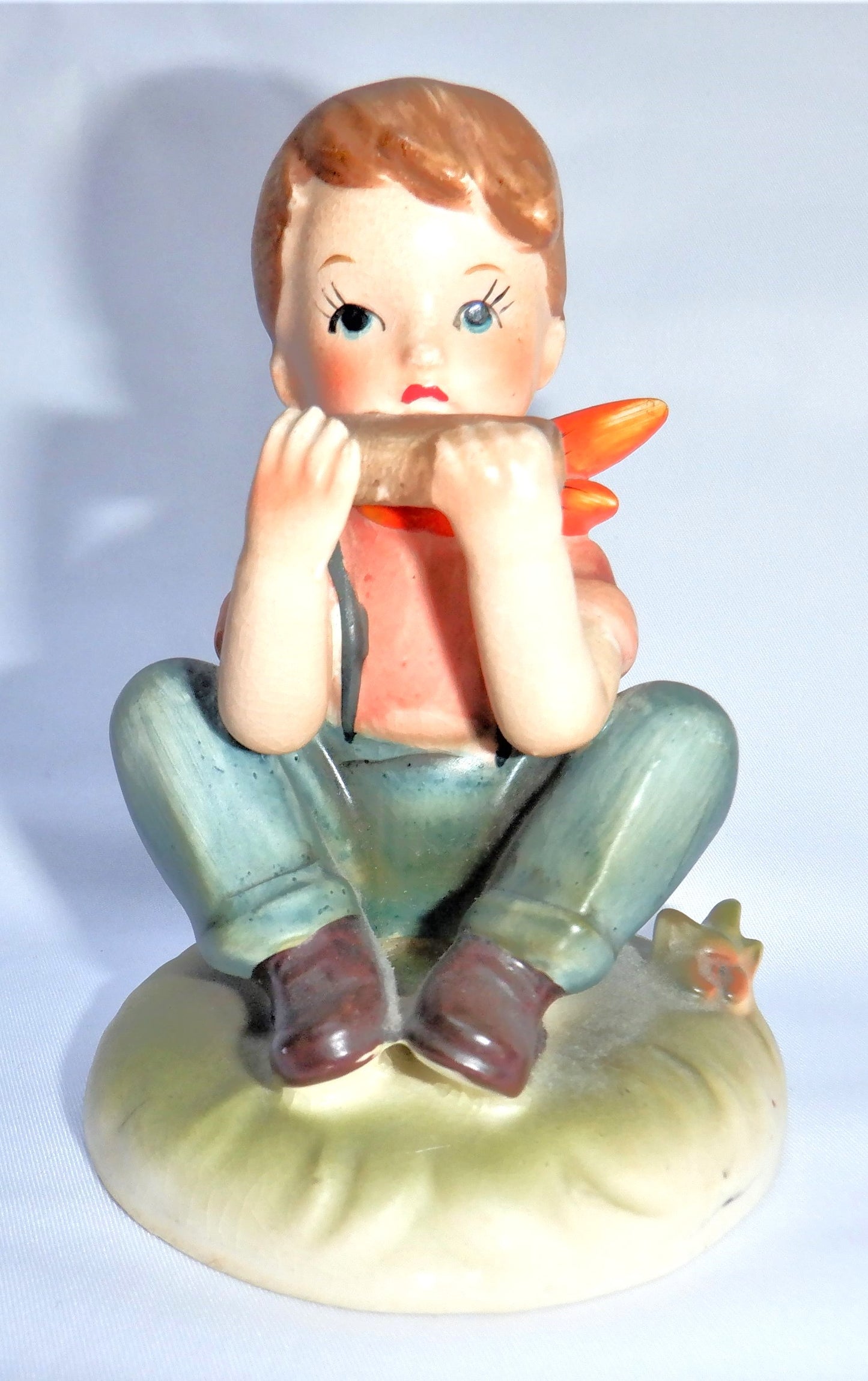 VINTAGE RED SCARF BOY STATUE playing harmonica, Made in Japan 1940's